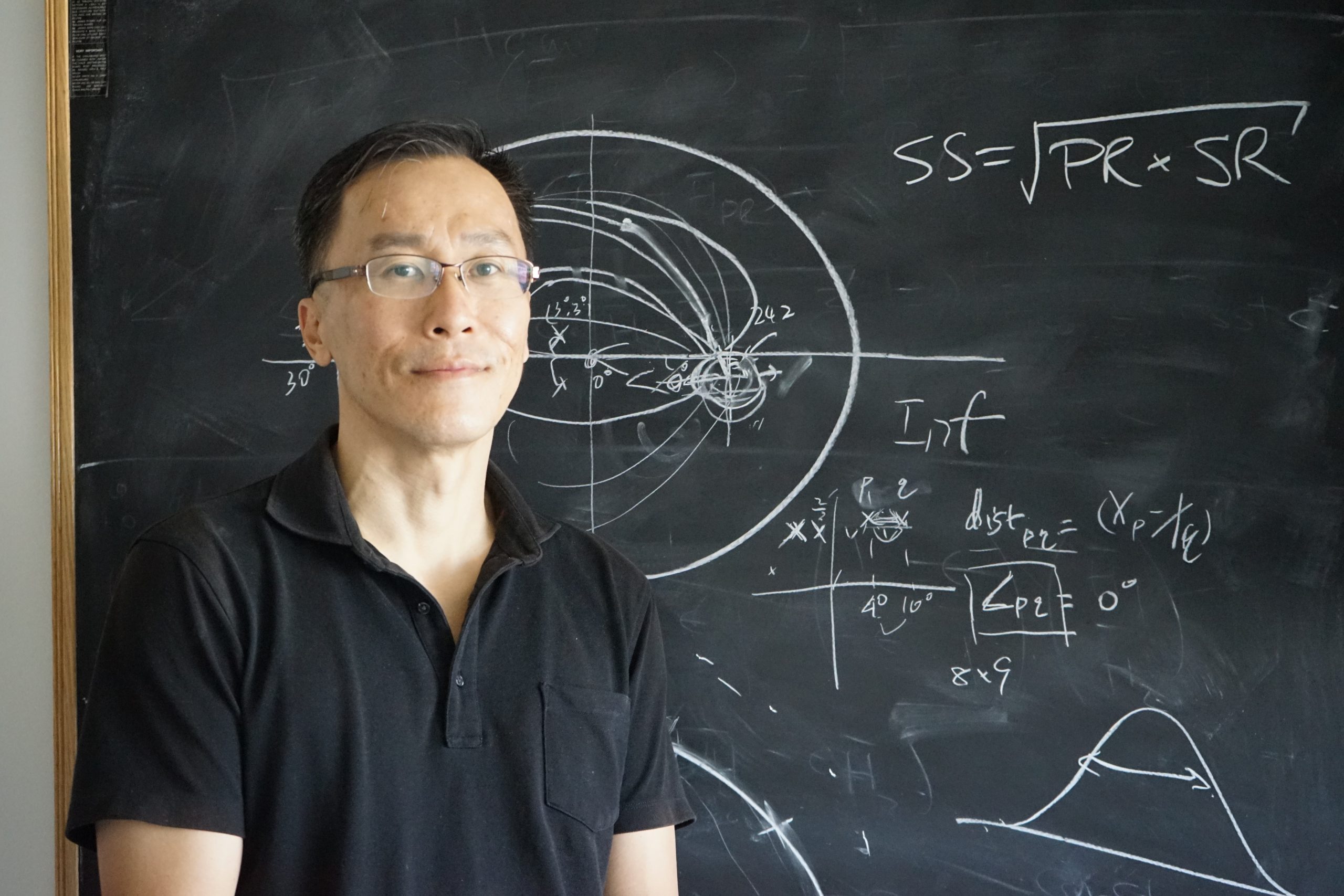 Professor Willy Wong (ECE) has discovered a mathematical relationship in the sensory adaption response curve that is true for all sensory modalities and all organisms. The equation (top-right) is SS = √PR x SR. (Photo: Matthew Tierney)