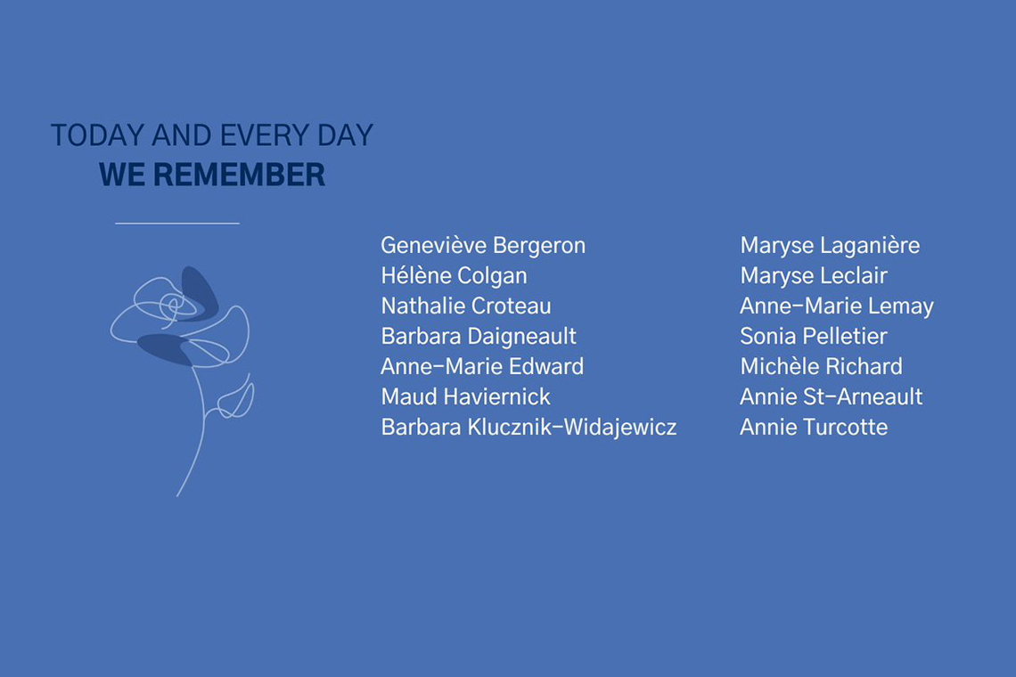 The University of Toronto community gathered virtually for the National Day of Remembrance and Action on Violence Against Women, to remember the 14 women killed in the École Polytechnique massacre. (Image courtesy: University of Toronto) 