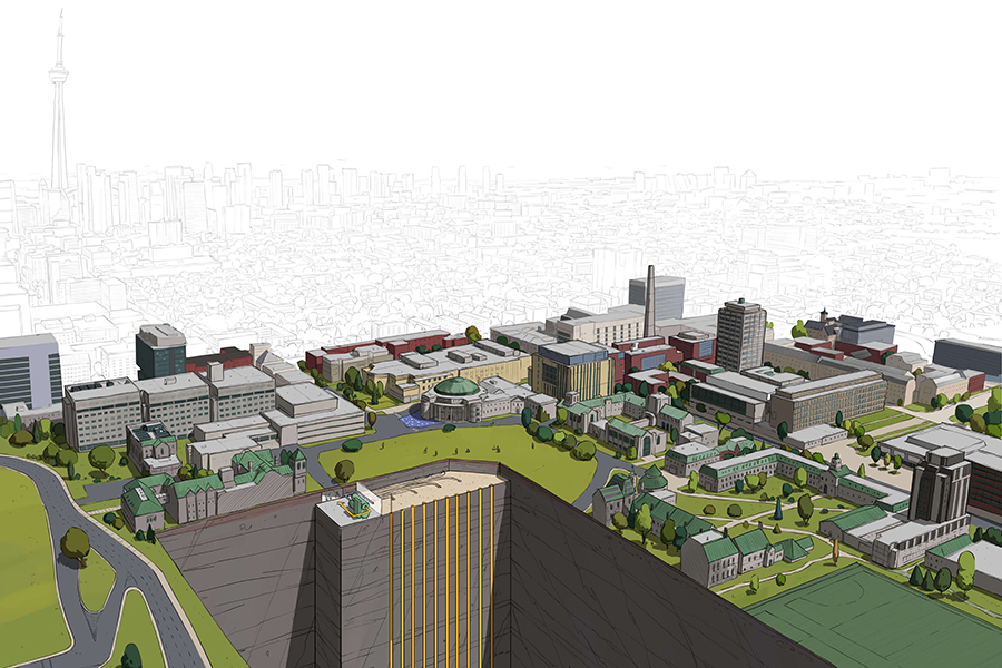 As part of the Climate Positive Campus initiative, the area beneath Front Campus will be used for a large-scale ground source heat pump — a technology pioneered in part by Professor Frank Hooper (MIE). (Illustration: Nicolas Demers, courtesy of U of T Facilities & Services)