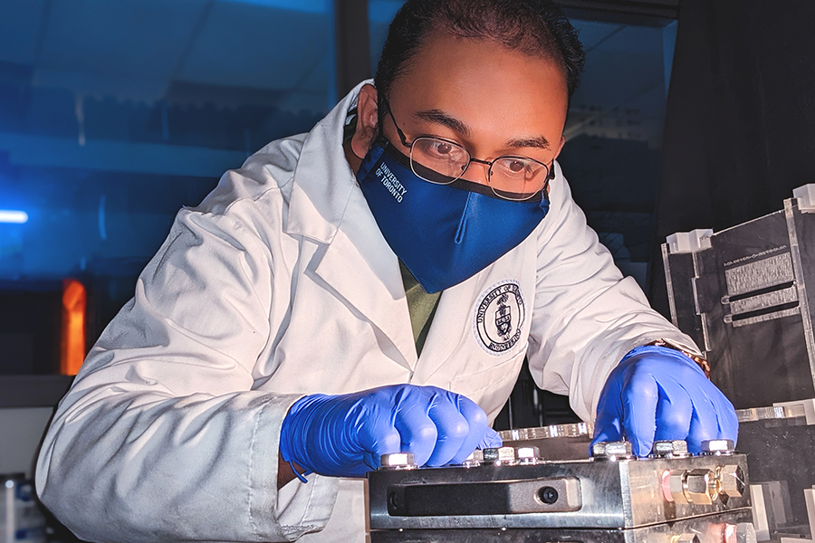 MIE PhD candidate Nitish Sarker works in the lab of Professor Amy Bilton (MIE) designing low-cost, solar-powered water treatment systems for remote, rural or off-grid communities. (Photo: Nitish Sarker)