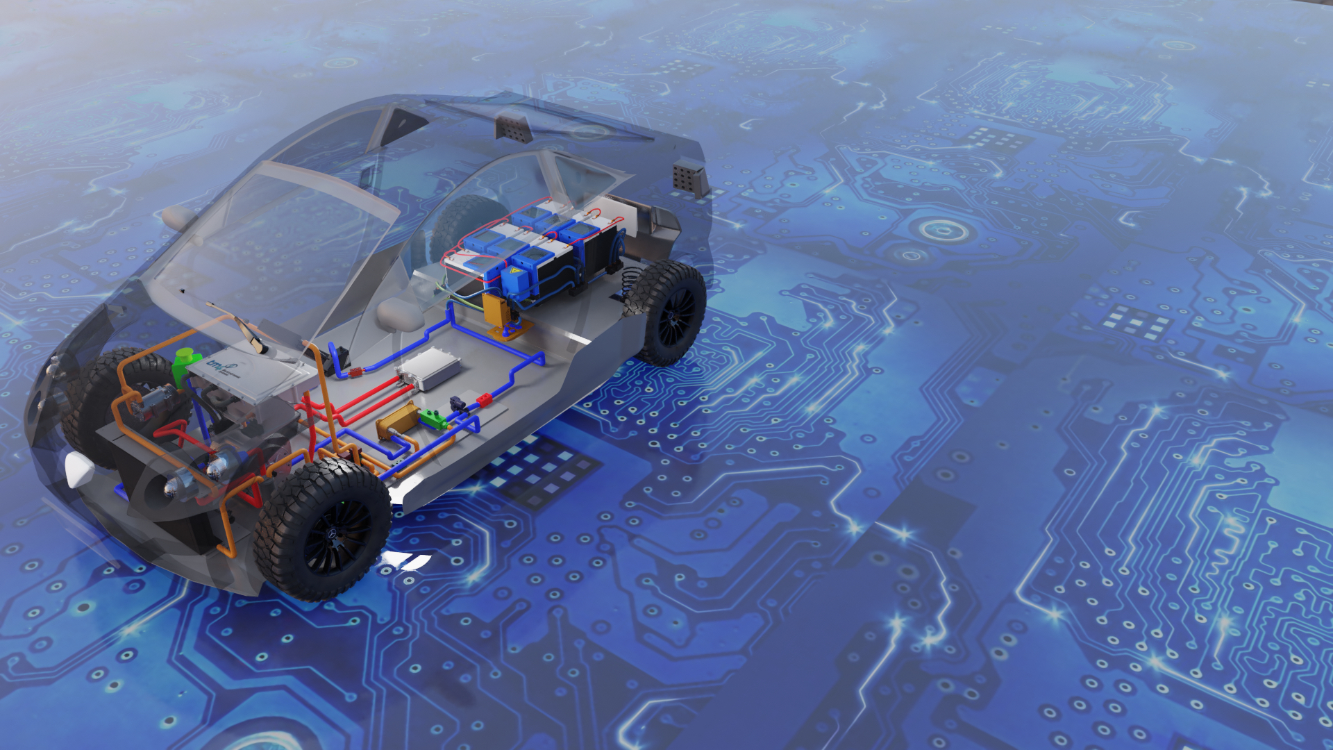 A rendering of an electric vehicle prototype shows the conduits that carry fluid to cool different internal components, such as the battery, motor and other electronics. (Image: U of T Electrification Hub) 