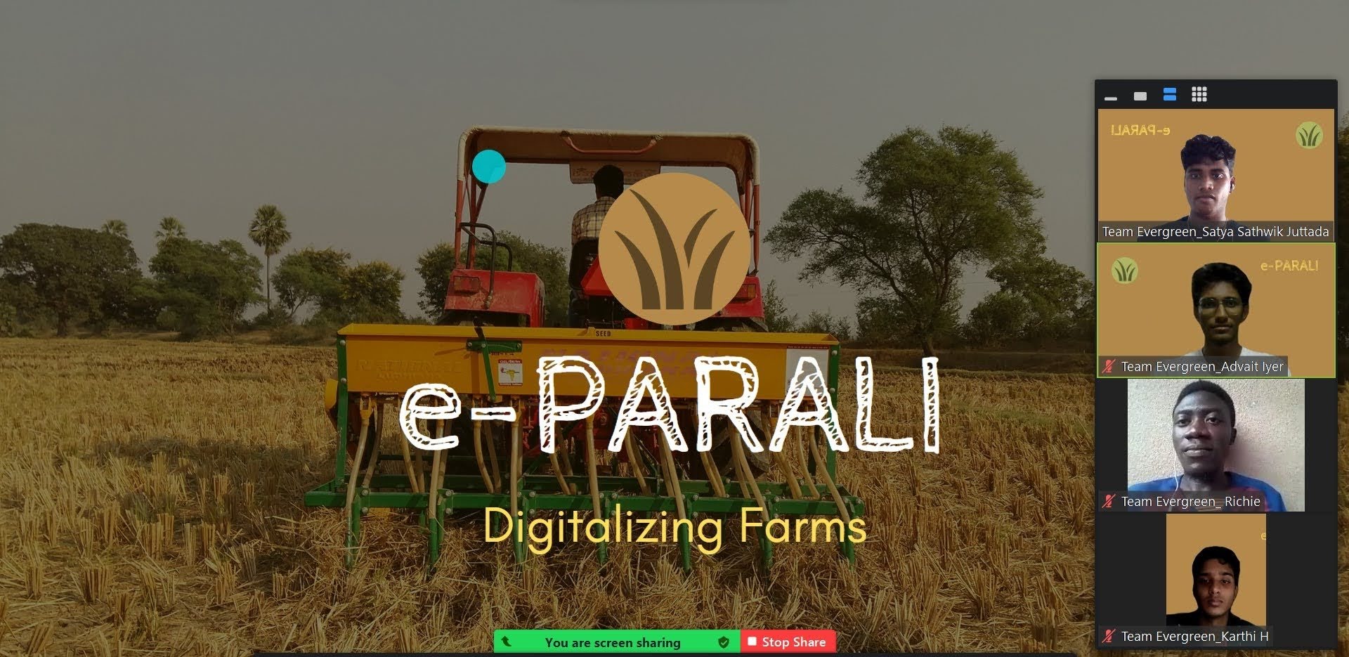 The e-Parali team shares their slide deck during a meeting. From top to bottom: Satya Sathwik Juttada (Year 2 ChemE), Advait Iyer, Richmond Theophilus Ghanney and Karthi Hari Krishnan. (Screenshot: Submitted) 