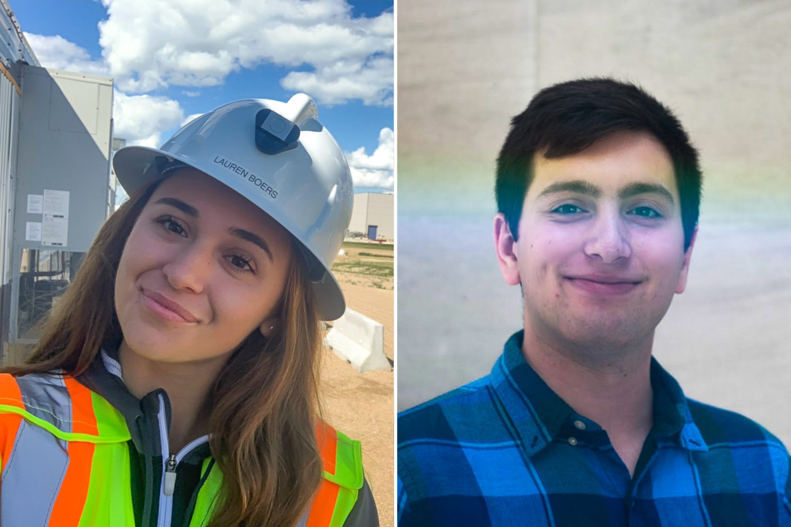 A composite of two images. On the left, a smiling woman is seen from the shoulders up. She is wearing a white hard hat and fluorescent safety vest. On the right, a smiling man is seen from the shoulders up. He is wearing a blue-and-black checkered collar shirt.