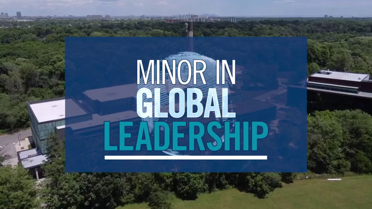 Text that says "Minor in Global Leadership" overlays a summer view of the University of Toronto Mississauga campus.