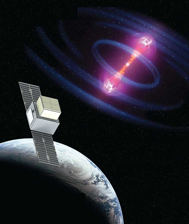 An artist's rendition of the StarBurst satellite observing a gamma ray burst.