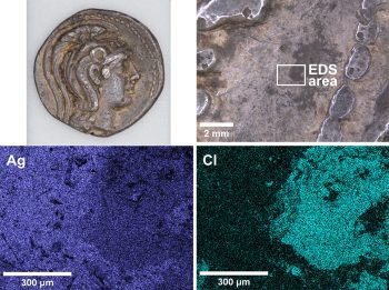 A four-panel collage featuring an image of ancient Greek coin that was analyzed, an image of the coin viewed under an optical microscope and two SEM-EDS maps of the coin. The maps suggest silver chloride is the corrosive product.