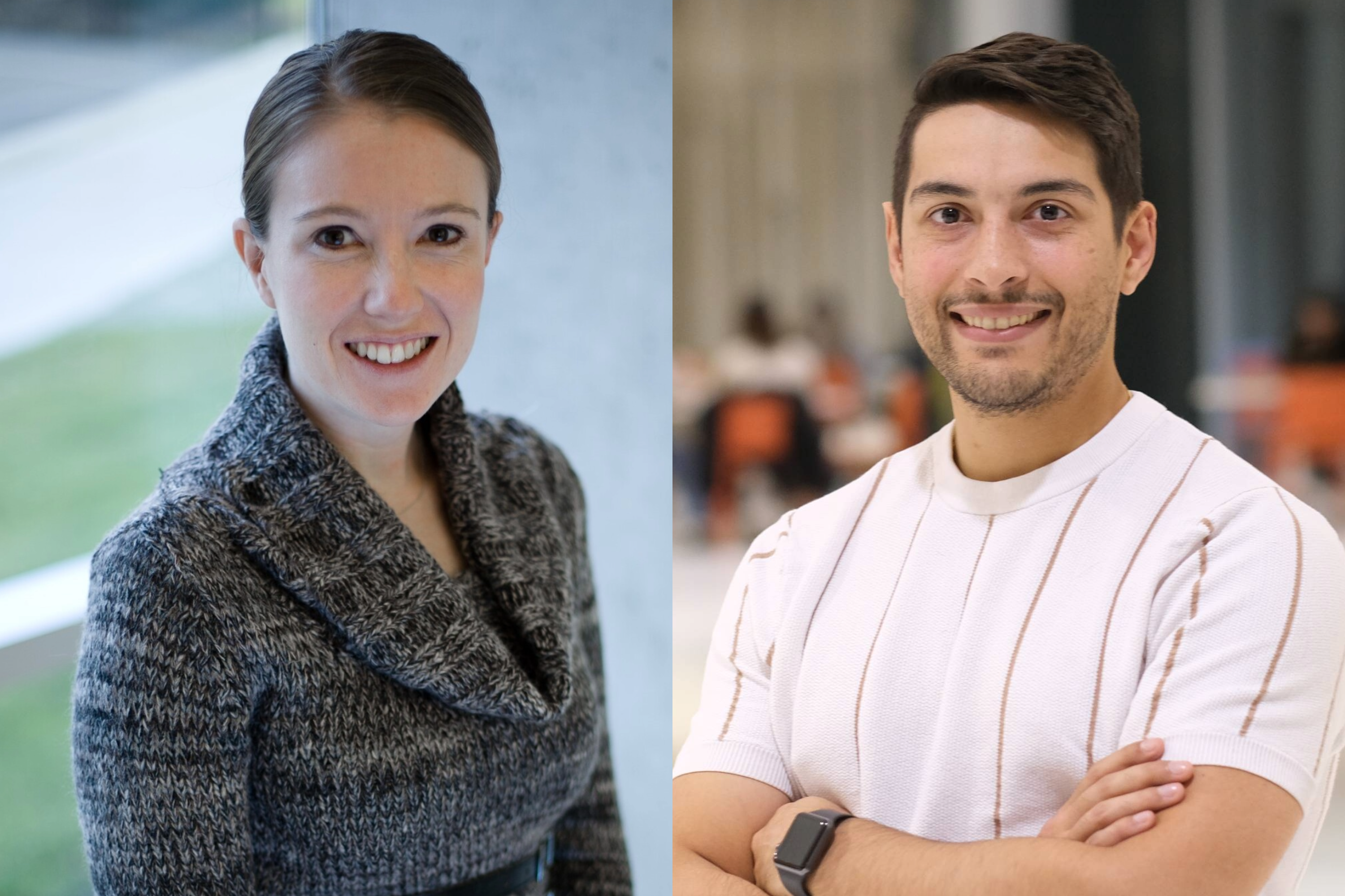 A composite photo. On the left there is a smiling woman wearing a blazer with her hair pulled back; on the right a man wearing a white t-shirt smiles with his arms crossed.