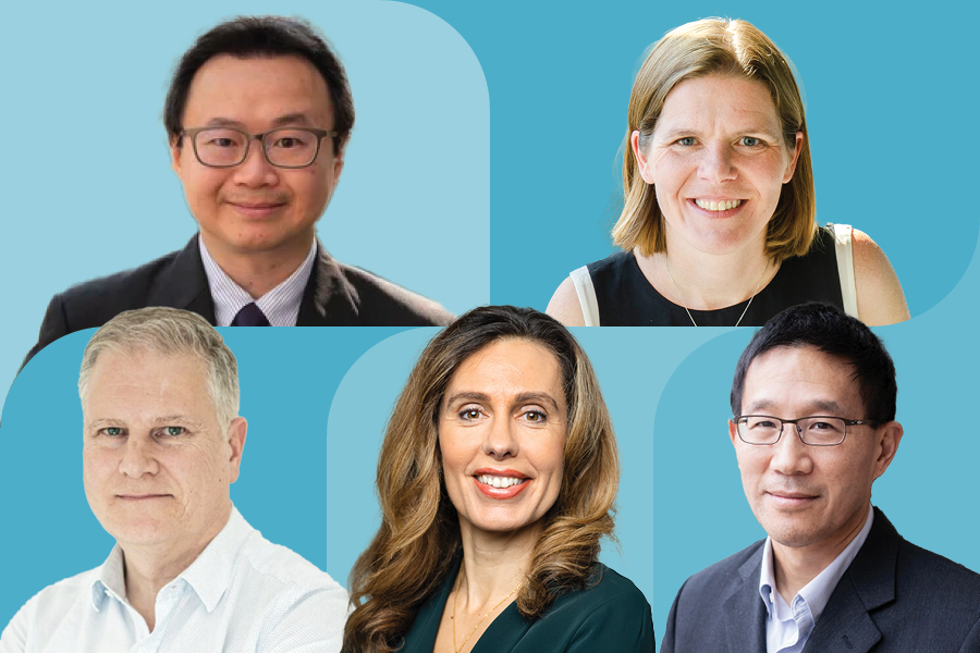 A composite photo. Top row, left to right: Alfred Yu and Professor Natalie Enright Jerger; bottom row, left to right: Benoit Boulet, Susan Doniz and U of T Engineering Dean Christopher Yip.