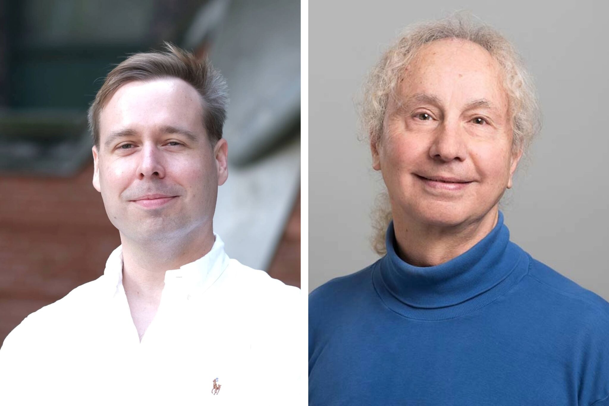 A photo composite of PhD student Adam Gravitis on the left wearing a white shirt, and Professor Berj Bardakjian on the right in a blue turtleneck sweater. Both are looking at the camera and smiling.