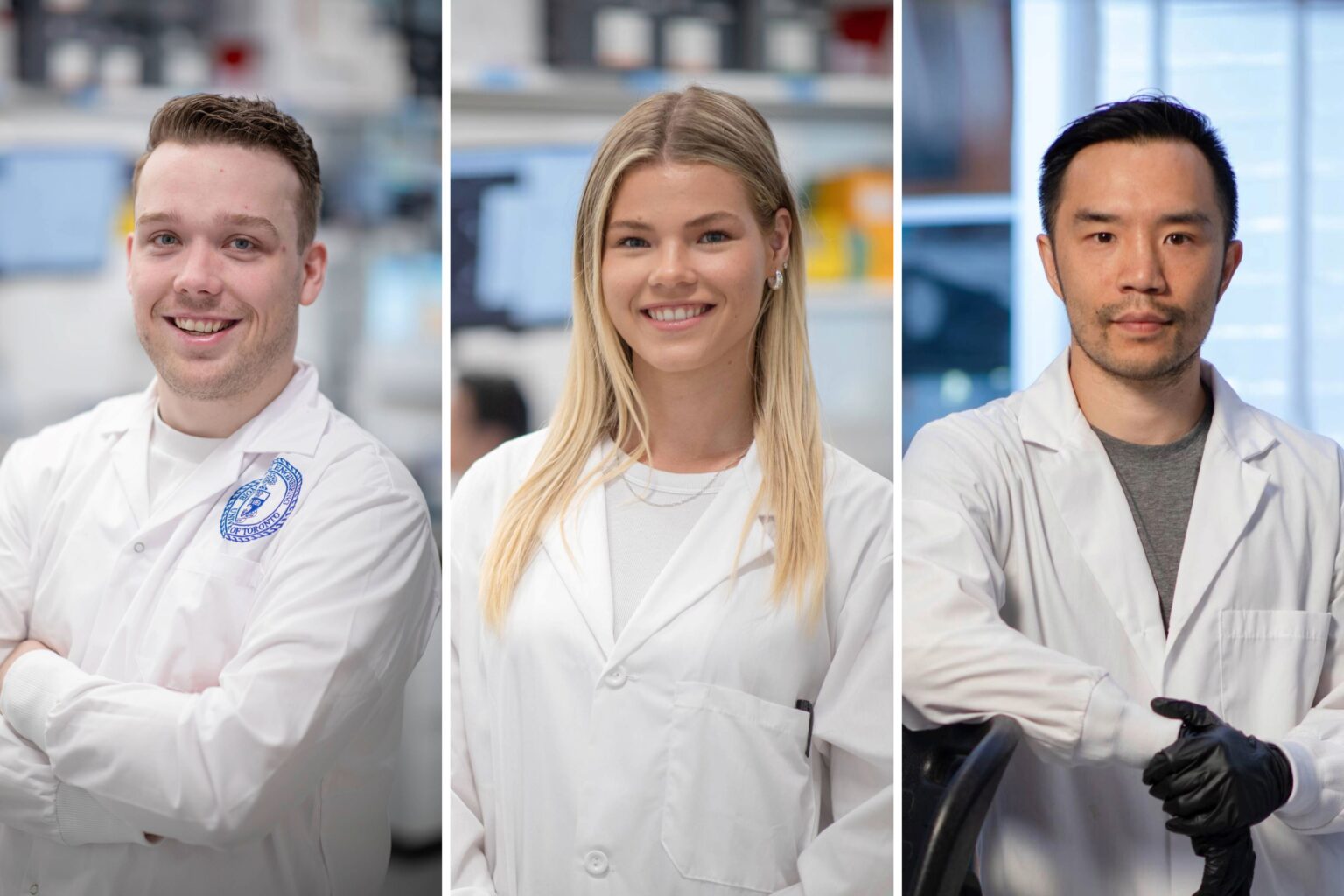From left to right: headshot photos of Travis Douglas, Shana Alexander, and Professor Leo Chou all wearing lab coats. The lab is blurred in the background.