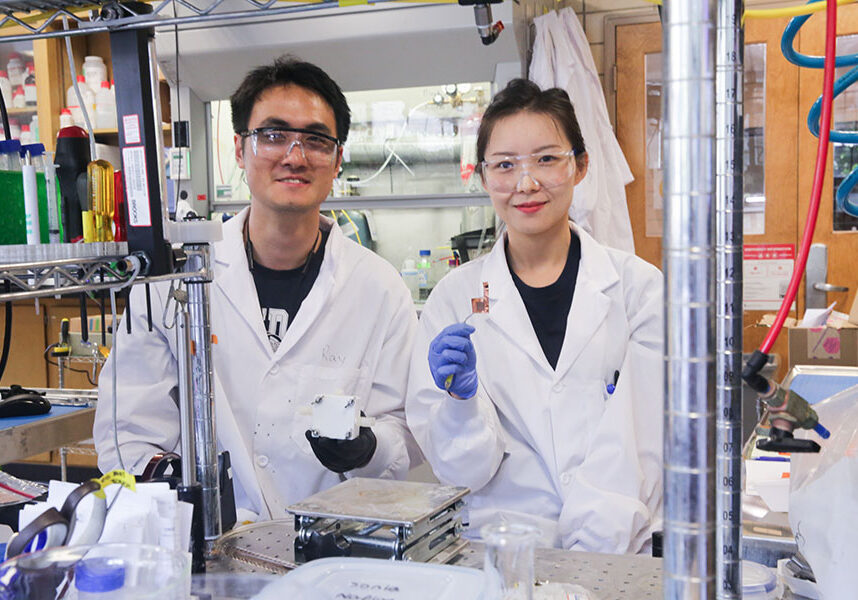 Students demonstrate a new catalyst in the lab