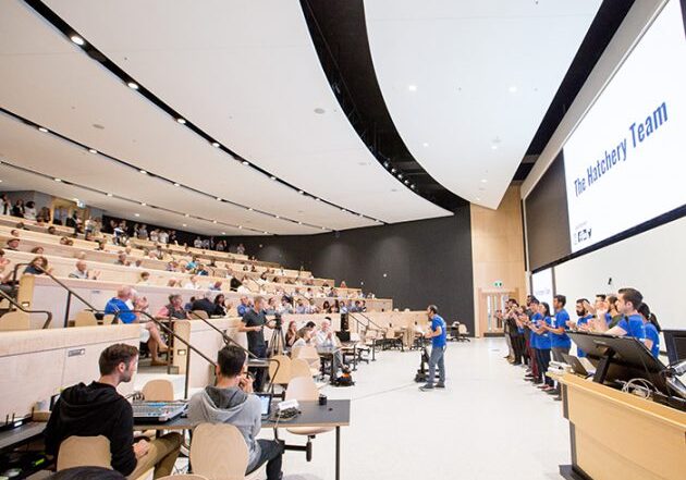 Joseph Orozco, executive director of The Entrepreneurship Hatchery, gives opening remarks at Demo Day 2018, held on September 5 in the new Myhal Centre for Engineering Innovation & Entrepreneurship.