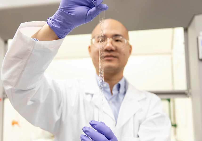 Super stretchy, transparent and self-powering, researchers Xinyu Liu (MIE) and Binbin Ying (MIE, pictured) believe their AISkin will lead to meaningful advancements in wearable electronics, personal health care, and robotics. (Photo: Daria Perevezentsev)