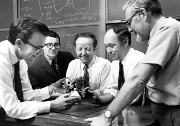 Left to right: Professors P.A. Sullivan, R.C. Tennyson, I.I. Glass, J.B. French, and B. Etkin (not shown: Prof. Peter Hughes) in 1970. (Photo courtesy UTIAS) 