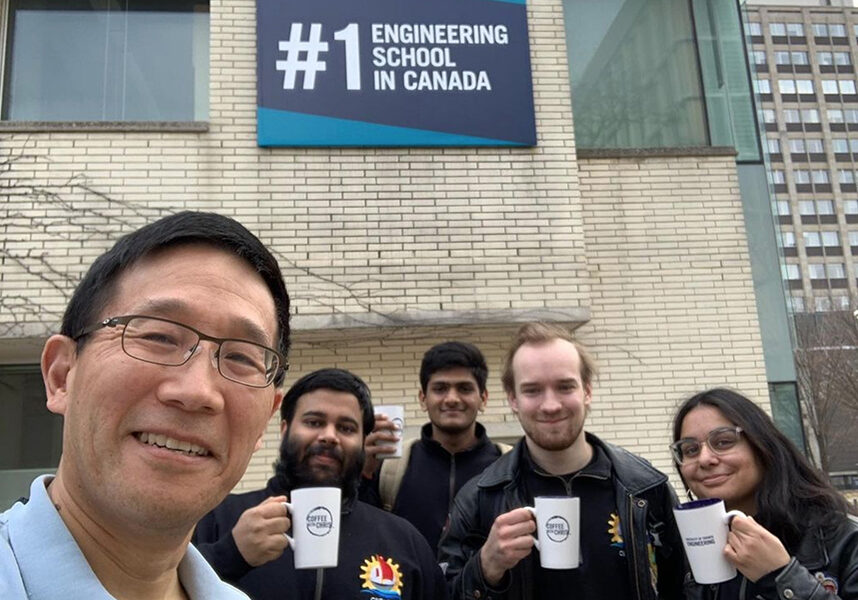 In mid-March, Dean Yip met for coffee with the team that won the 2022 Canadian Engineering Competition in the category of Senior Engineering Design. Left to right: Dean Christopher Yip, Kushagra Goel (Year 3 CompE), Ajeya Madhava Rao Vijayakumar (Year 3 MechE), Bobby Graydon (Year 4 MechE) and Karman Lochab (Year 3 ElecE). (Photo: Christopher Yip)