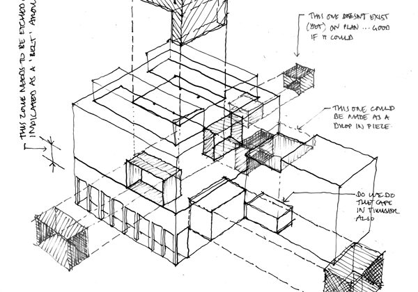 An early sketch of the Myhal Centre for Engineering Innovation & Entrepreneurship. (Image: Montgomery Sisam Architects & Feilden Clegg Bradley Studios)