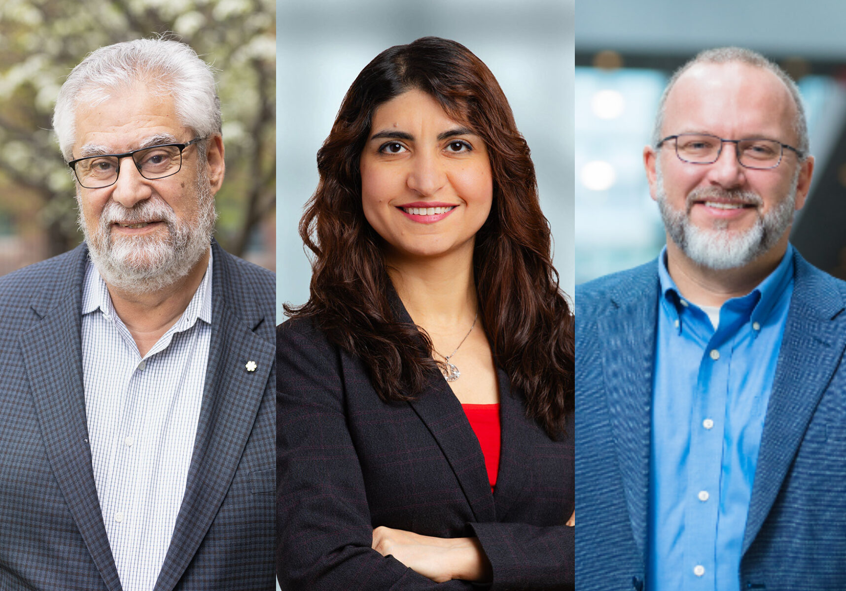 A composite image of three people. From left to right: a man, a woman and a man.