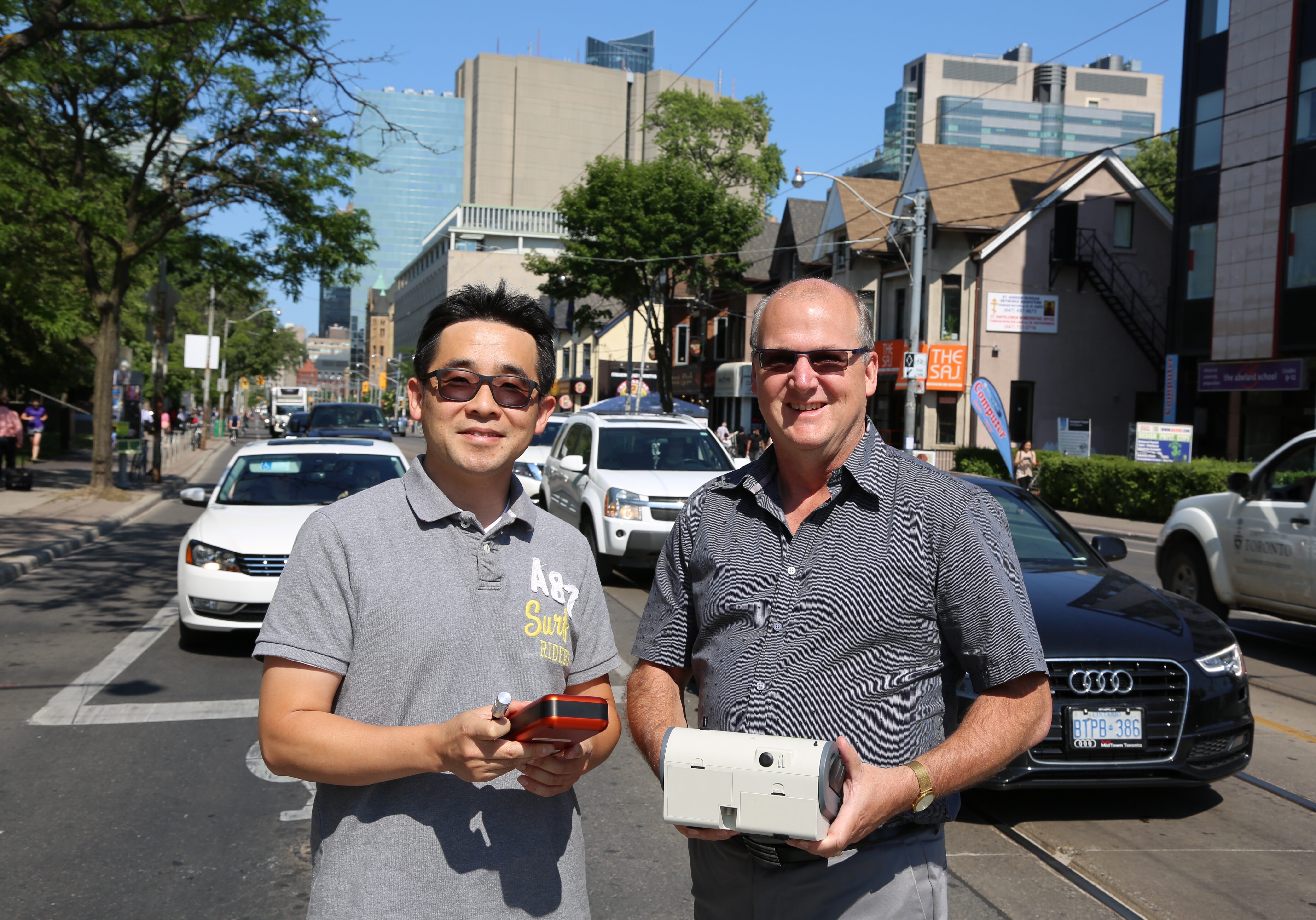 Dr. Cheol-Heon Jeong (left) and Professor Greg Evans (ChemE) measured emissions from gasoline direct-injection engines and evaluated climate trade-offs of the more efficient engine type. It turns out greater efficiency doesn’t always mean greener for the planet. (Credit: Tyler Irving).