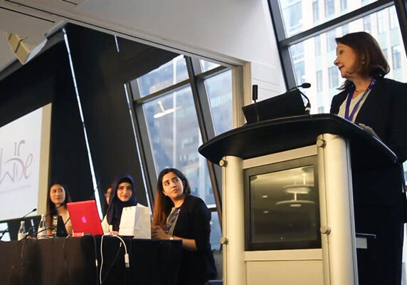 U of T Engineering Dean Cristina Amon delivers opening remarks at the 2017 Women in Science and Engineering Conference, hosted at U of T Engineering. (Photo: Kevin Jen)