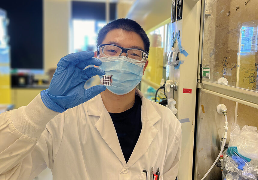 Postdoctoral fellow Dr. Hao Chen shows off a prototype inverted perovskite solar cell created in the lab of Professor Ted Sargent (ECE). The team leveraged quantum mechanics to improve both the stability and efficiency of this alternative solar technology. (Photo: Bin Chen)