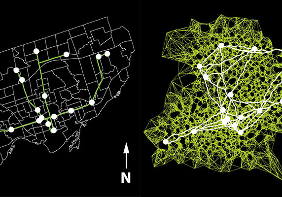 Left: A map of Toronto showing 17 of the TTC’s 75 stations. Right: A sample network connecting those 17 nodes, created by a computer model of a slime mould, Physarum polycephalum. (Images courtesy: Raphael Kay)