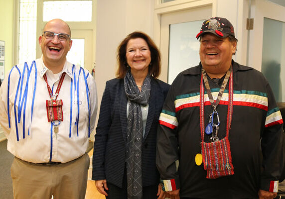 Left to right: Professor Jason Bazylak, Dean Cristina Amon and Elder Kim Running Bear McDougall at a reception following a smudging ceremony for the Centre for Engineering Innovation & Entrepreneurship, the Faculty of Applied Science & Engineering’s newest building (photo by Roberta Baker)