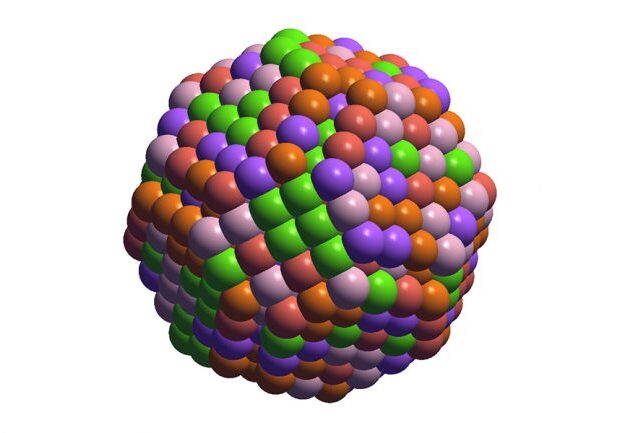 In this simulation, atoms of five different chemical elements within nanoparticle are represented by different coloured spheres. A computer algorithm developed at U of T Engineering analyzes thousands of possible geometric configurations of these elements in order to predict which ones will have the best performance as industrial catalysts. (Image courtesy Zhuole Lu)